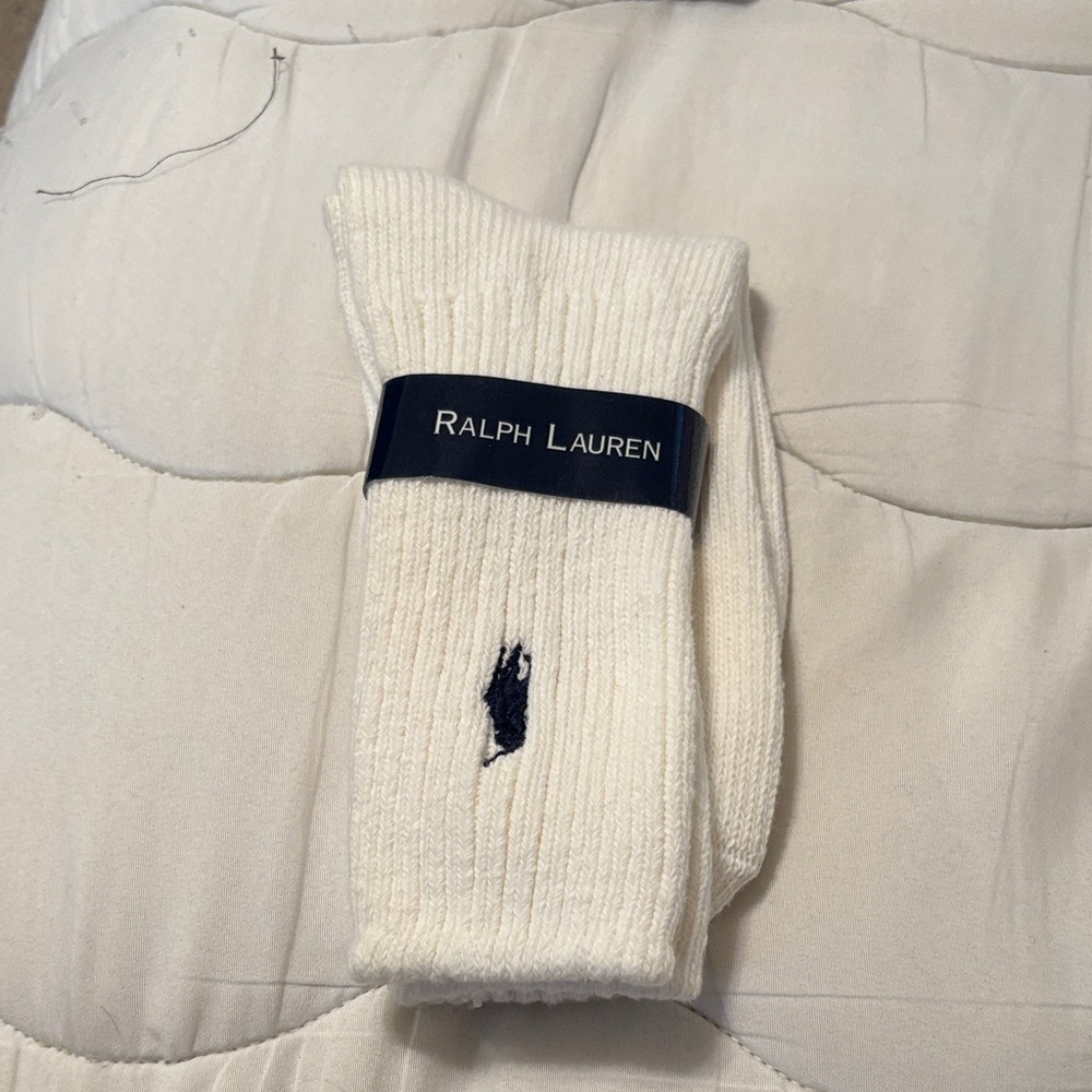 Ralph Lauren Cream Ribbed Crew Socks with Navy Polo Emblem